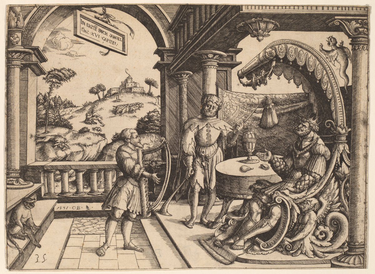David Playing the Harp before Saul by Christoph Bockstorfer (German, 1490 - 1553), 16X12"(A3)Poster Print