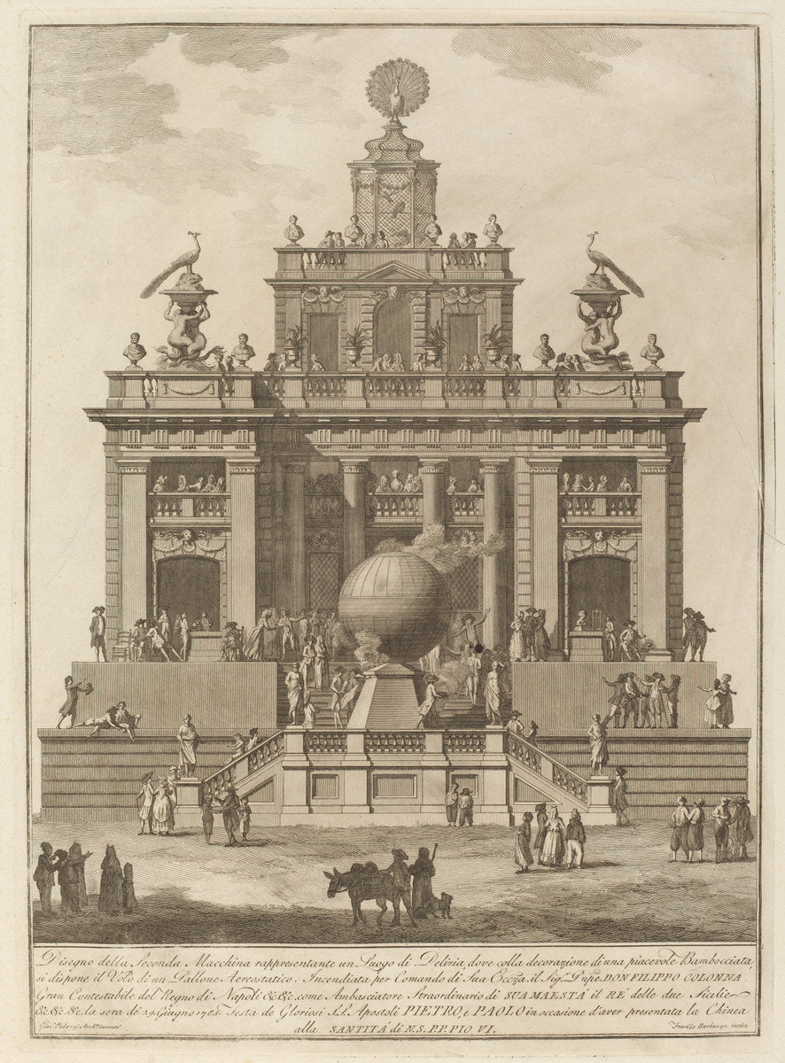 A Place of Delight with an Aerial Balloon, for the "Chinea" Festival by Francesco Barbazza after Giuseppe Palazzi (architect) (Italian, active late 18th century), 16X12"(A3)Poster Print
