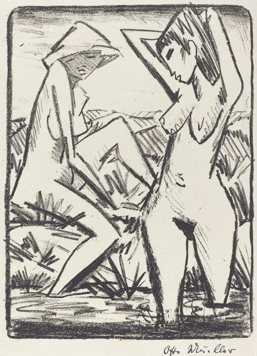 Standing Girl in Water and the Other Sitting on Shore (Im Wasser stehendes und am Ufer sitzendes Madchen mit Hut) by Otto Müller (German, 1874 - 1930), 16X12"(A3)Poster Print