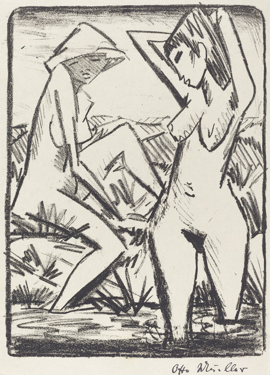 Standing Girl in Water and the Other Sitting on Shore (Im Wasser stehendes und am Ufer sitzendes Madchen mit Hut) by Otto Müller (German, 1874 - 1930), 16X12"(A3)Poster Print
