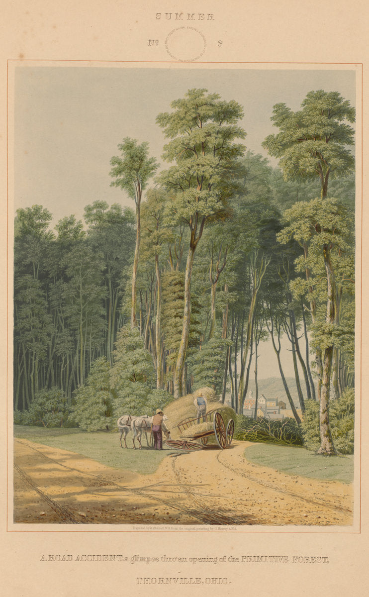 Summer--A  Road Accident. A glimpse thro' an opening of the Primitive Forest. Thornville, Ohio by William James Bennett after George Harvey (American, born England, c. 1787 - 1844), 16X12"(A3)Poster Print