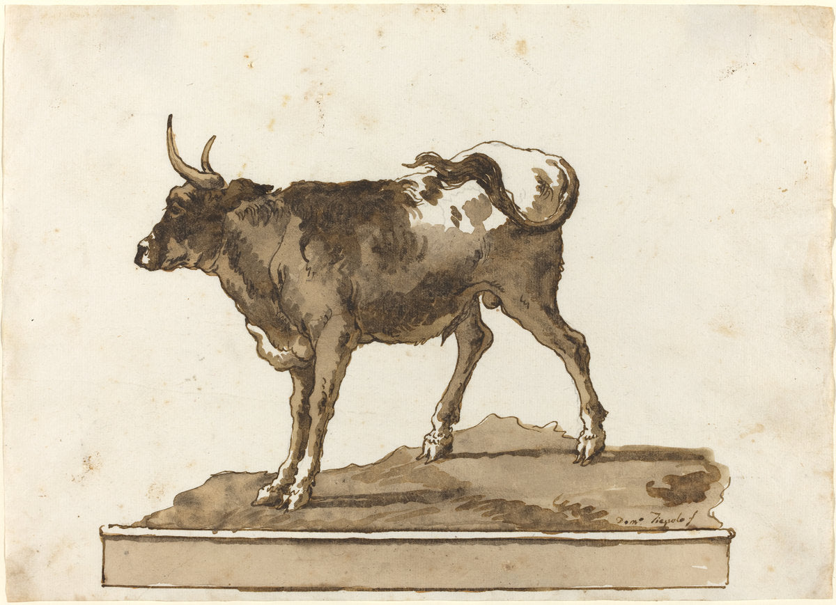 A Bull on a Ledge by Giovanni Domenico Tiepolo (Venetian, 1727 - 1804), 16X12"(A3)Poster Print