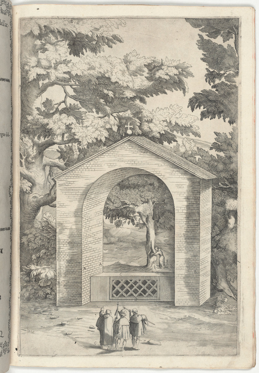 Chapel of the Spring in the Beech Tree (Cappella del faggio dell'acqua) [plate Q] by Jacopo Ligozzi (artist), Anonymous engraver possibly Domenico Falcini, Lino Moroni (author) (Italian, 1547 - 1627), 16X12"(A3)Poster Print