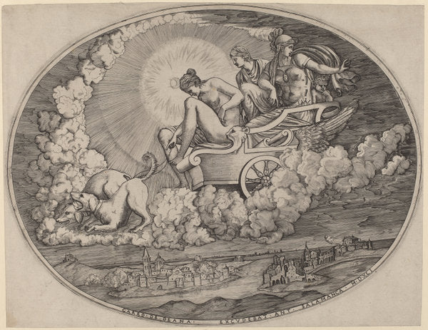 The Chariot of Diana by Agostino dei Musi after Luca Penni (Italian, c. 1490 - 1536 or after), 16X12"(A3)Poster Print