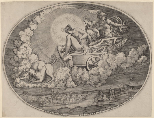 The Chariot of Diana by Agostino dei Musi after Luca Penni (Italian, c. 1490 - 1536 or after), 16X12"(A3)Poster Print