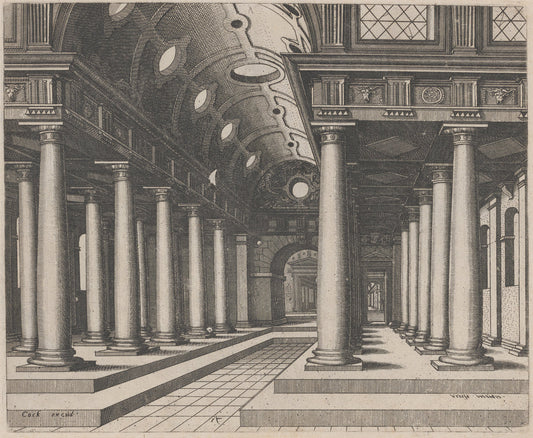 A Hall with a Barrel Vault by Lucas van Doetechum and Johannes van Doetechum, the Elder, after Hans Vredeman de Vries (Dutch, active 1554/1572; died before 1589), 16X12"(A3)Poster Print
