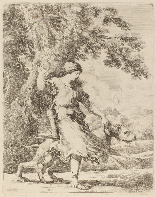 Nymph Holding a Large Dog by a Collar by Stefano Della Bella (Italian, 1610 - 1664), 16X12"(A3)Poster Print