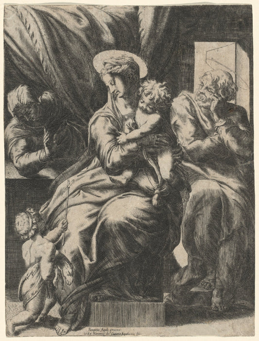Holy Family with Saint Elizabeth and the Young John the Baptist by Orazio de Santis, after Pompeo Cesura (Italian, active 1568 - 1584), 16X12"(A3)Poster Print