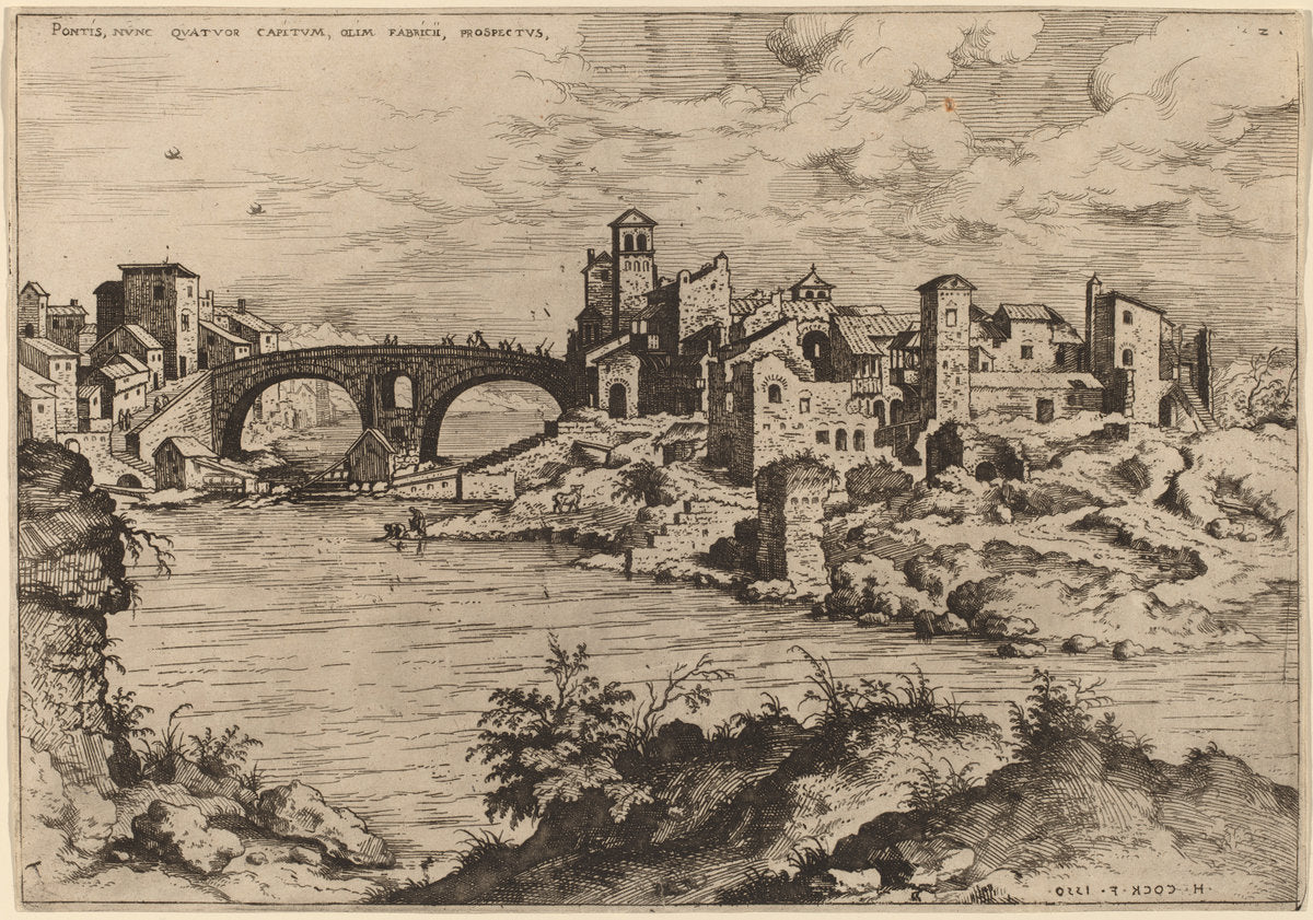 View of the Ponte Quattro Capi and the Island of the Tiber by Hieronymus Cock (Flemish, c. 1510 - 1570), 16X12"(A3)Poster Print