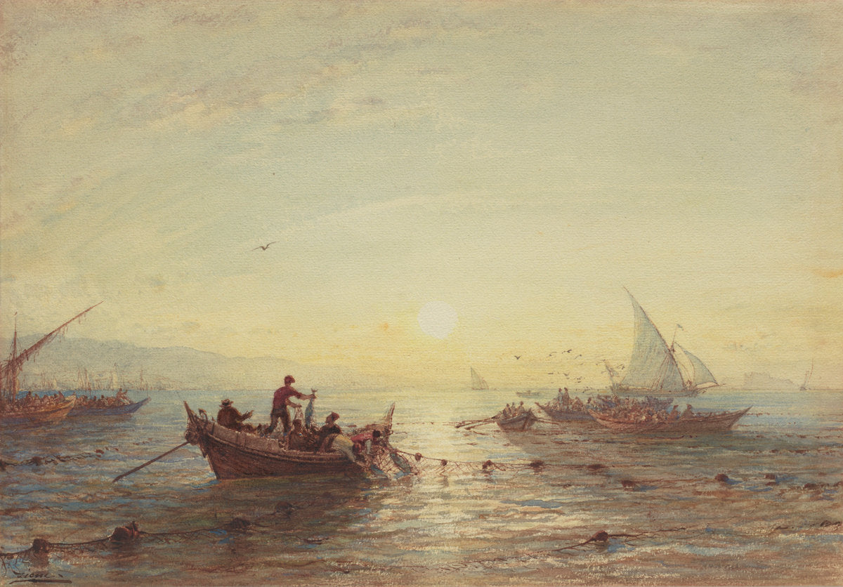 Tuna Fishing at Sunrise off the Coast near Marseilles by Félix Ziem (French, 1821 - 1911), 16X12"(A3)Poster Print