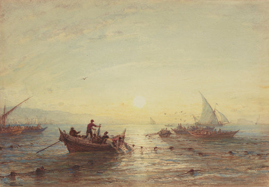 Tuna Fishing at Sunrise off the Coast near Marseilles by Félix Ziem (French, 1821 - 1911), 16X12"(A3)Poster Print