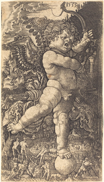 Cupid Balancing on a Globe by Master H.L. (German, active 1516/1530), 16X12"(A3)Poster Print