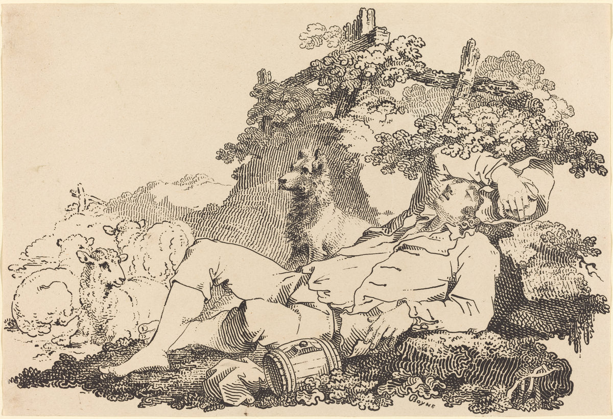 Shepherd with Dog and Sheep by John Boyne (British, c. 1750 - 1810), 16X12"(A3)Poster Print