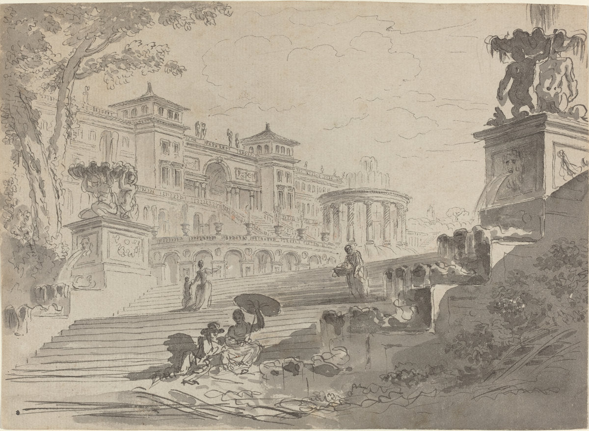 Fantasy on the Villa Medici with Fountains by Pierre Lelu (French, 1741 - 1810), 16X12"(A3)Poster Print