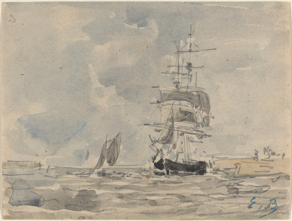 Seascape with Sailing Vessel by Eugène Boudin (French, 1824 - 1898), 16X12"(A3)Poster Print