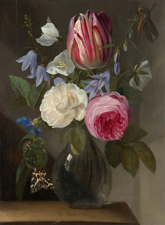 Roses and a Tulip in a Glass Vase by Jan Philips van Thielen (Flemish, 1618 - 1667), 16X12"(A3)Poster Print