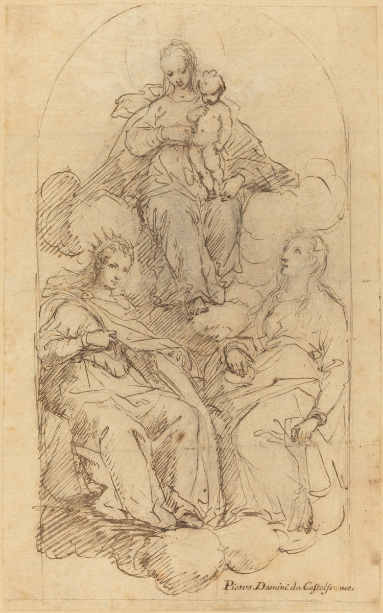 The Virgin and Child Adored by Saint Catherine and Another Female Saint by Pietro Damini (Italian, 1592 - 1631), 16X12"(A3)Poster Print