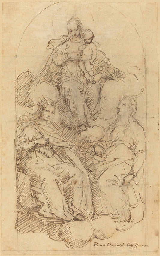 The Virgin and Child Adored by Saint Catherine and Another Female Saint by Pietro Damini (Italian, 1592 - 1631), 16X12"(A3)Poster Print