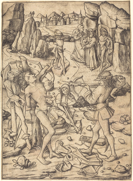 Martyrdom of Saint Sebastian by Master E.S. (German, active c. 1450 - active 1467), 16X12"(A3)Poster Print