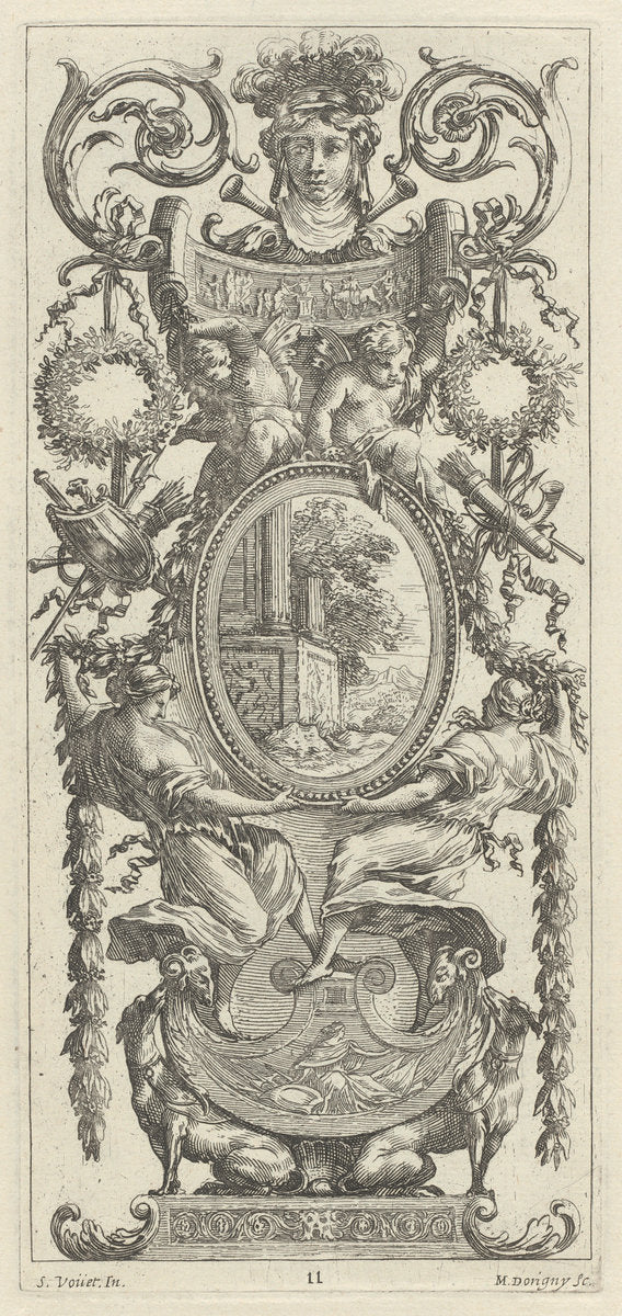 Ornamental Panel Surmounted with a Head Flanked by Foliage by Michel Dorigny, after Simon Vouet (French, 1617 - 1665), 16X12"(A3)Poster Print