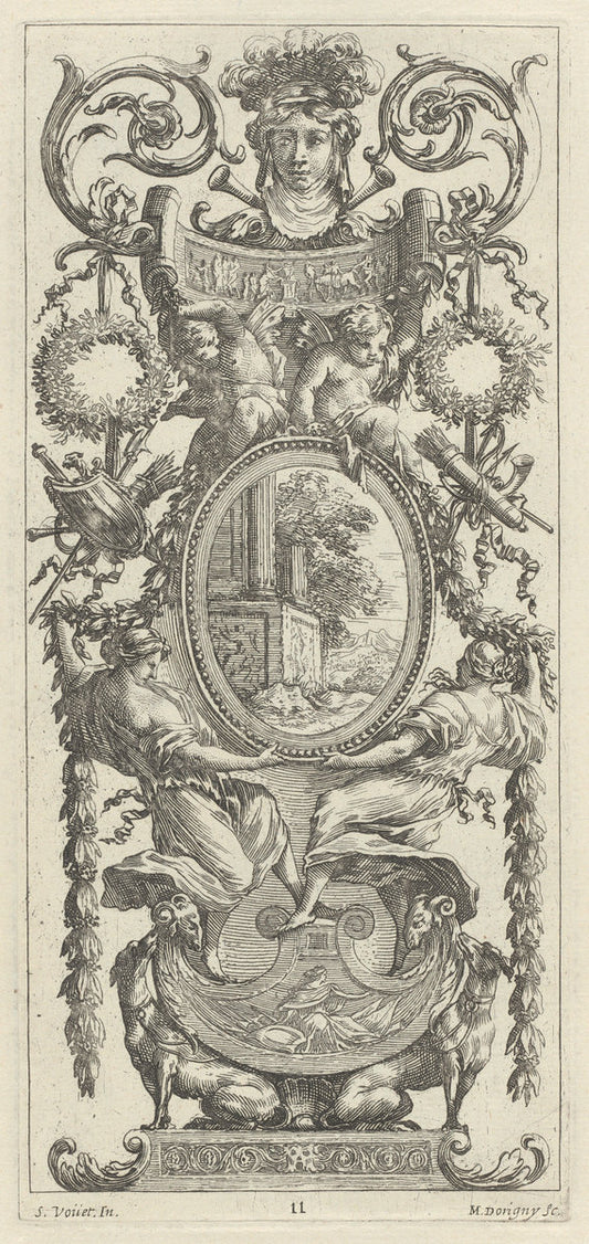 Ornamental Panel Surmounted with a Head Flanked by Foliage by Michel Dorigny, after Simon Vouet (French, 1617 - 1665), 16X12"(A3)Poster Print