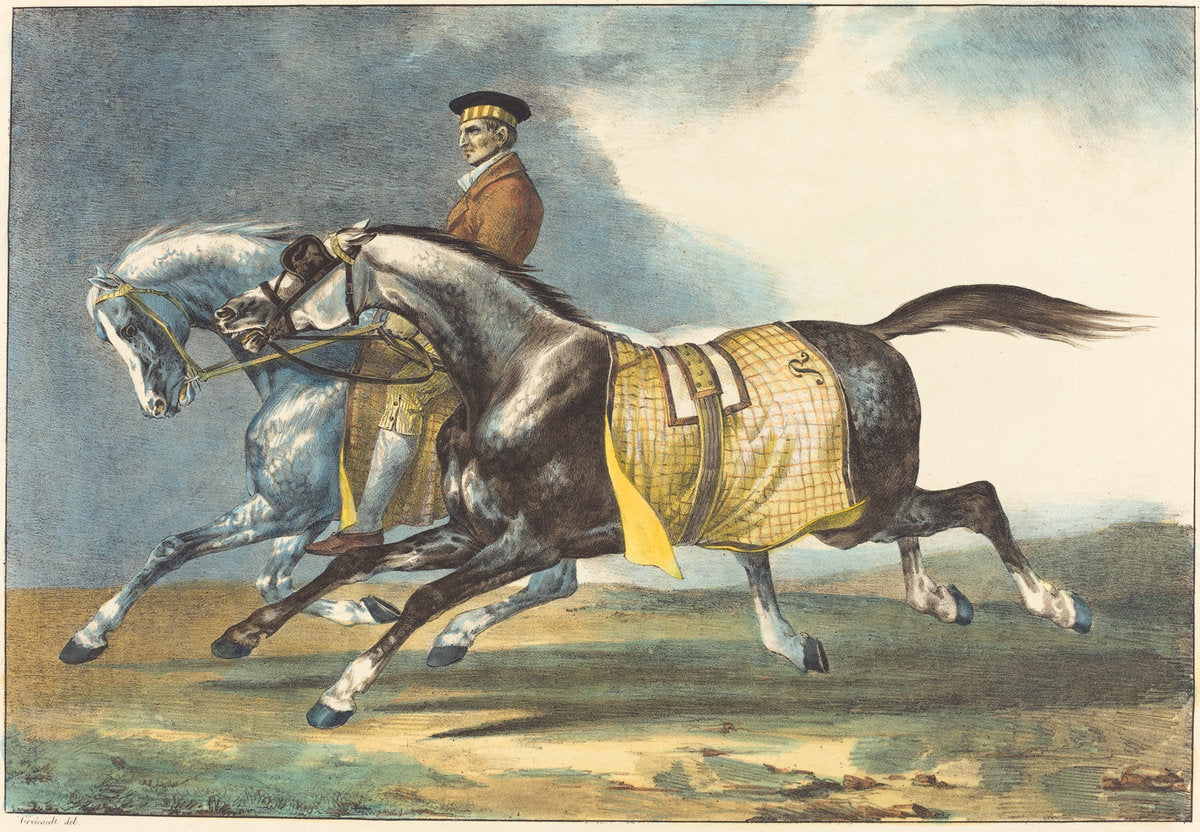 Two Dapple-Gray Horses Exercising (Deux chevaux gris pommele que l'on promene) by Théodore Gericault and Léon Cogniet (French, 1794 - 1880), 16X12"(A3)Poster Print