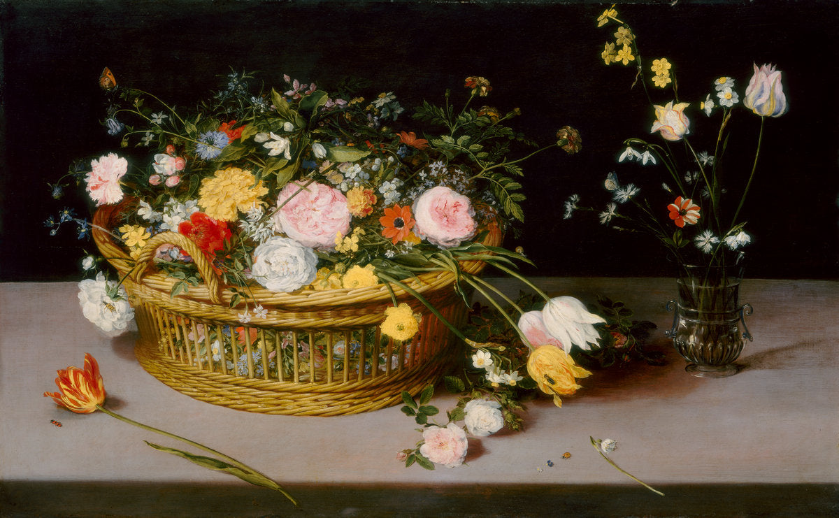 Flowers in a Basket and a Vase by Jan Brueghel the Elder (Flemish, 1568 - 1625), 16X12"(A3)Poster Print