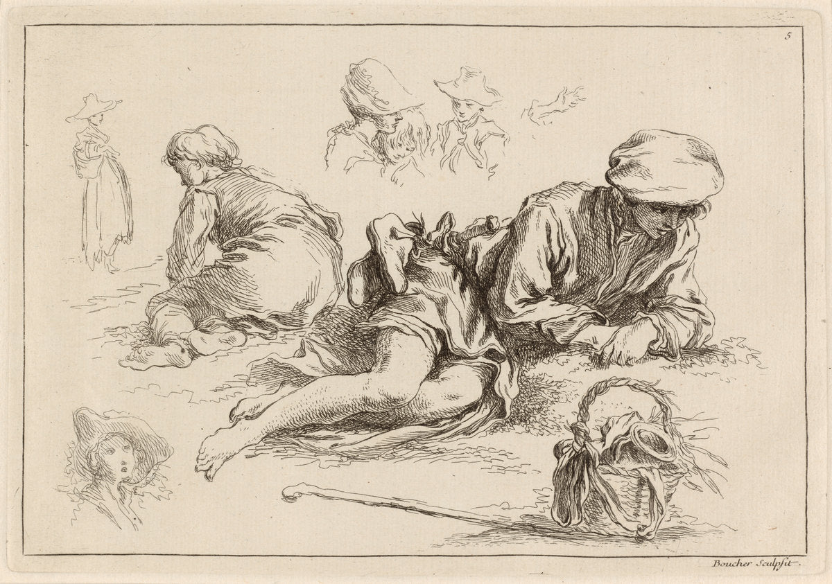 Figure Studies including Reclining Boy by François Boucher after Abraham Bloemaert (French, 1703 - 1770), 16X12"(A3)Poster Print