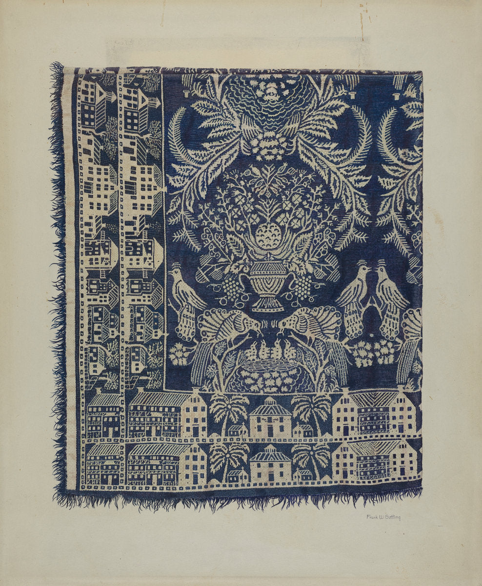Blue and White Woolen Coverlet by Frank Gutting (American, active c. 1935), 16X12"(A3)Poster Print