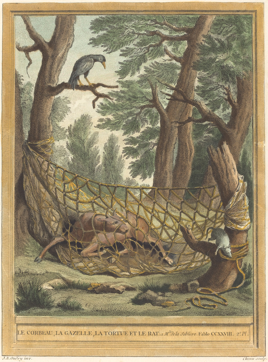 Le corbeau, la gazelle, la tortue et le rat (The Crow, the Gazelle, the Tortoise, andthe Rat) by Pierre Chenu after Jean-Baptiste Oudry (French, 1730 - 1800 or before), 16X12"(A3)Poster Print