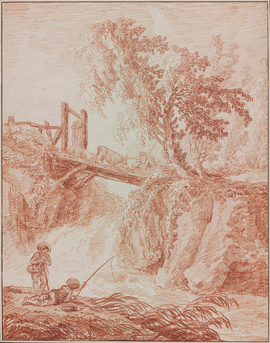 Herdsmen Crossing a Waterfall by Hubert Robert (French, 1733 - 1808), 16X12"(A3)Poster Print