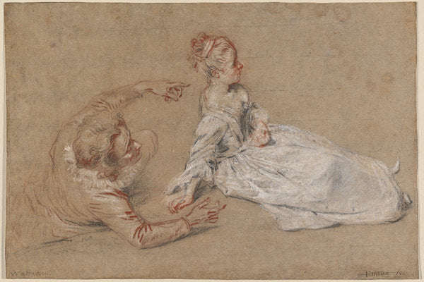 A Man Reclining and a Woman Seated on the Ground by Antoine Watteau (French, 1684 - 1721), 16X12"(A3)Poster Print
