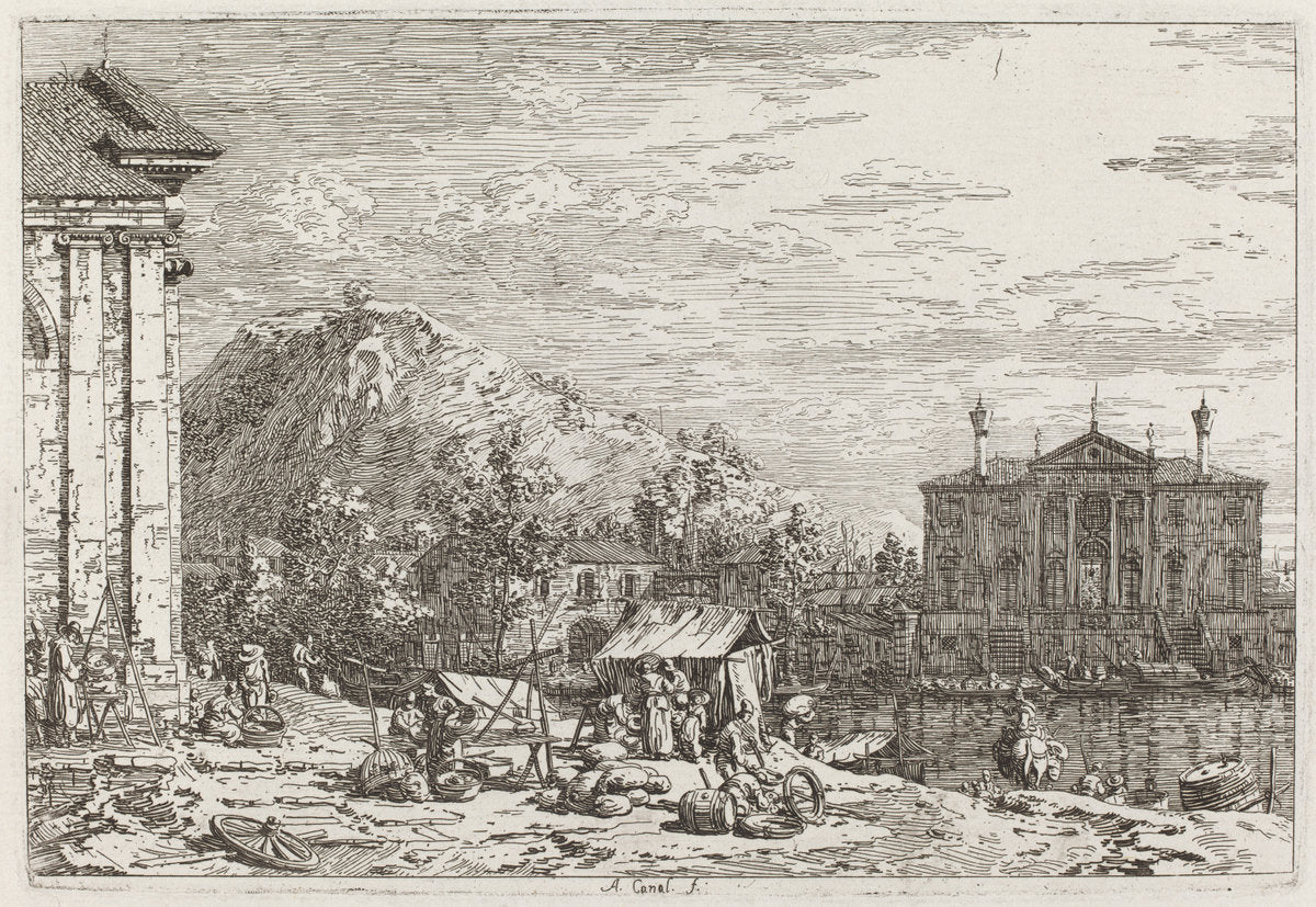The Market at Dolo [lower left] by Canaletto (Italian, 1697 - 1768), 16X12"(A3)Poster Print