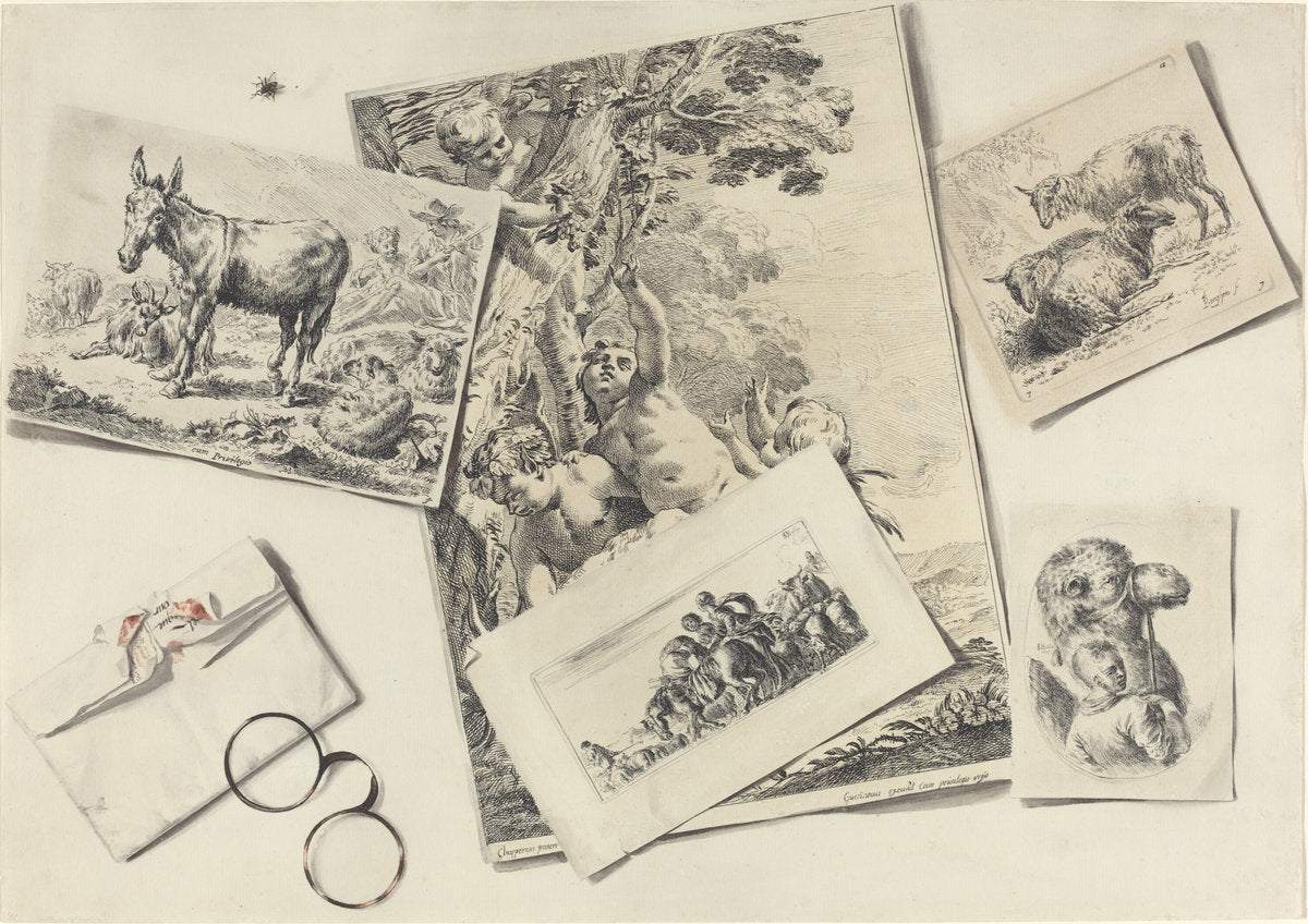 Trompe l'Oeil: Old Prints, a Torn Envelope with Horn-rimmed Glasses, and a Housefly by Jean-Pierre-Xavier Bidauld after Various Artists (French, 1745 - 1813), 16X12"(A3)Poster Print