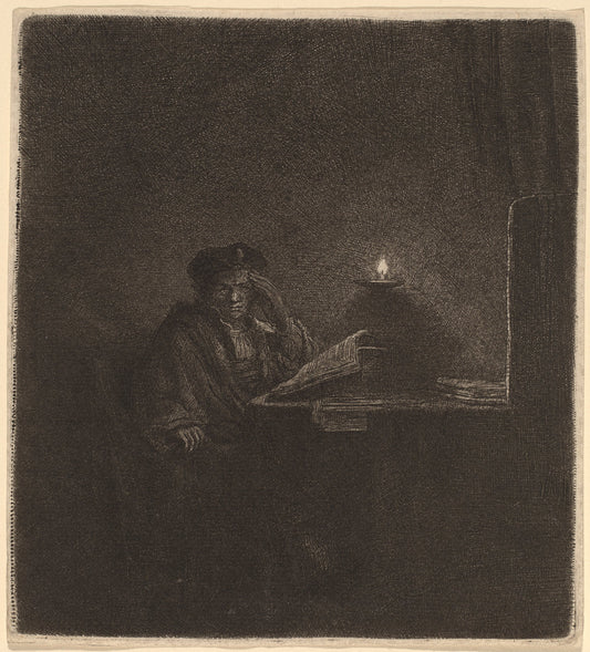 Student at a Table by Candlelight by Rembrandt van Rijn (Dutch, 1606 - 1669), 16X12"(A3)Poster Print