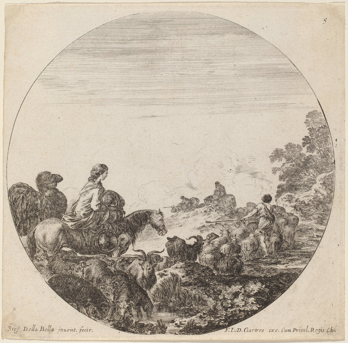 Shepherds and Flock with Woman and Camel by Stefano Della Bella (Italian, 1610 - 1664), 16X12"(A3)Poster Print