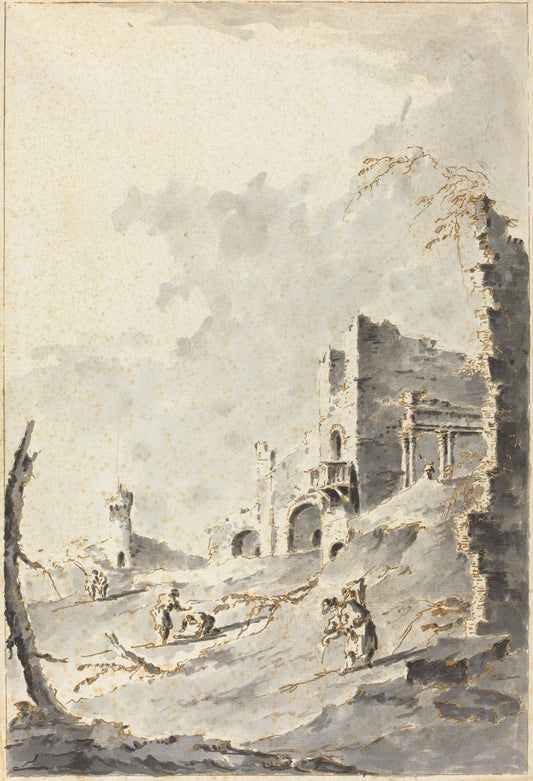 Capriccio of Classical Ruins with a Fortress by Giacomo Guardi (Venetian, 1764 - 1835), 16X12"(A3)Poster Print