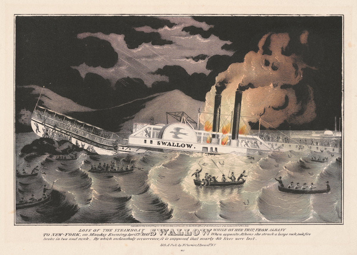 Loss of the Steamboat Swallow: While on Her Trip, from Albany to New-York, on Monday Evening April 7th 1845 by Nathaniel Currier (American, 1813 - 1888), 16X12"(A3)Poster Print