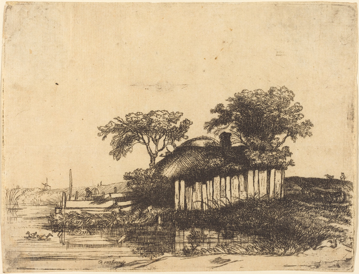 Cottage with White Paling by William Byron after Rembrandt van Rijn (English, 1669 - 1736), 16X12"(A3)Poster Print
