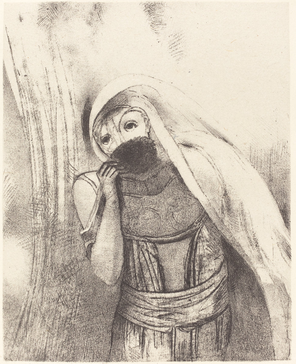 Elle tire de sa poitrine une eponge toute noire, la couvre de baisers (She draws from her bosom a sponge, perfectly black, and covers it with kisses) by Odilon Redon (French, 1840 - 1916), 16X12"(A3)Poster Print