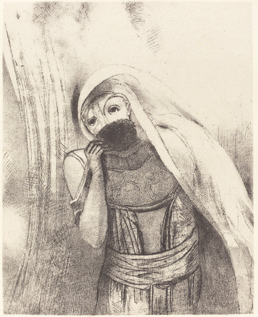 Elle tire de sa poitrine une eponge toute noire, la couvre de baisers (She draws from her bosom a sponge, perfectly black, and covers it with kisses) by Odilon Redon (French, 1840 - 1916), 16X12"(A3)Poster Print