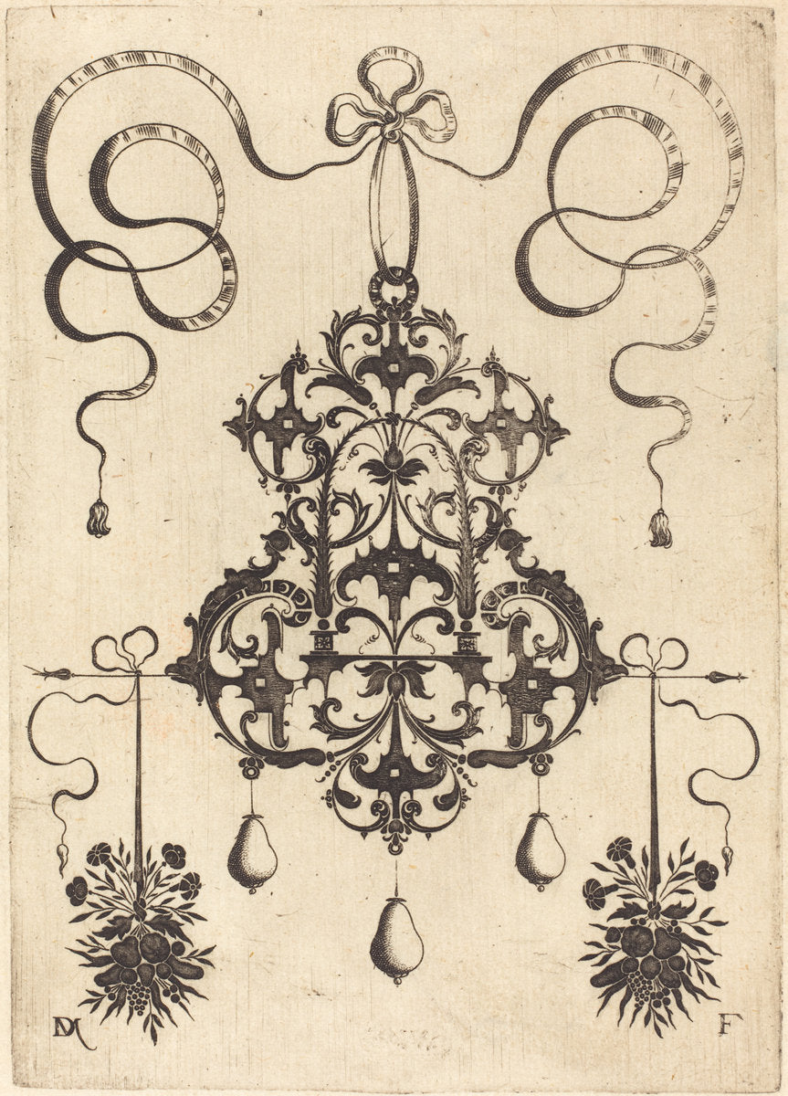 Large Pendant, Lower Left and Right Two Bunches of Grass, Flowers, and Fruit by Daniel Mignot (German, active 1593/1596), 16X12"(A3)Poster Print