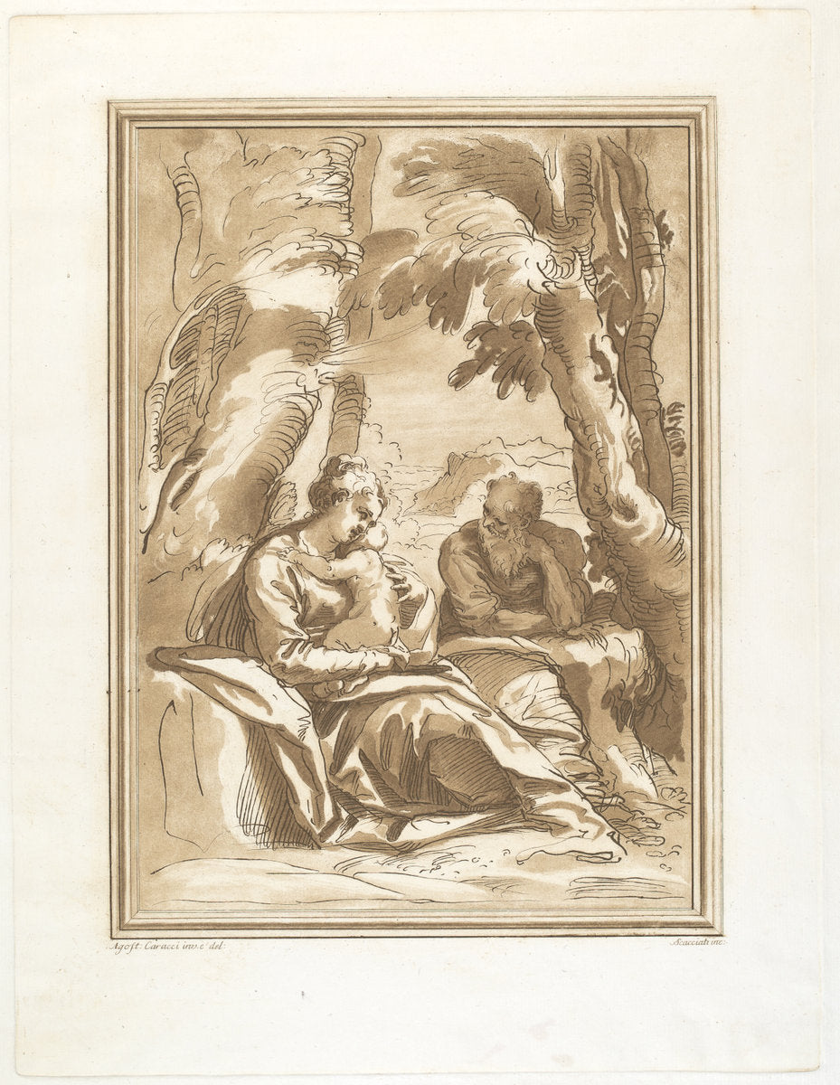 Rest on the Flight into Egypt by Andrea Scacciati after Agostino Carracci (Italian, 1725 - 1771), 16X12"(A3)Poster Print