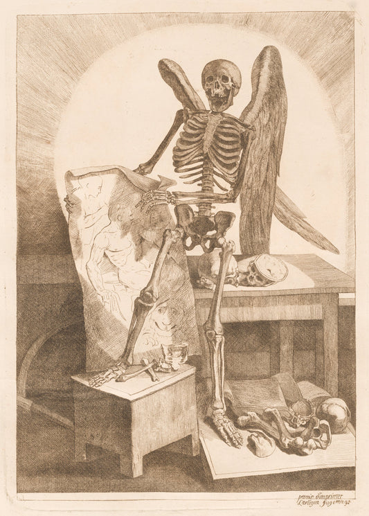 A Winged Skeleton Holding an Anatomical Drawing by Jacques Gamelin (French, 1738 - 1803), 16X12"(A3)Poster Print