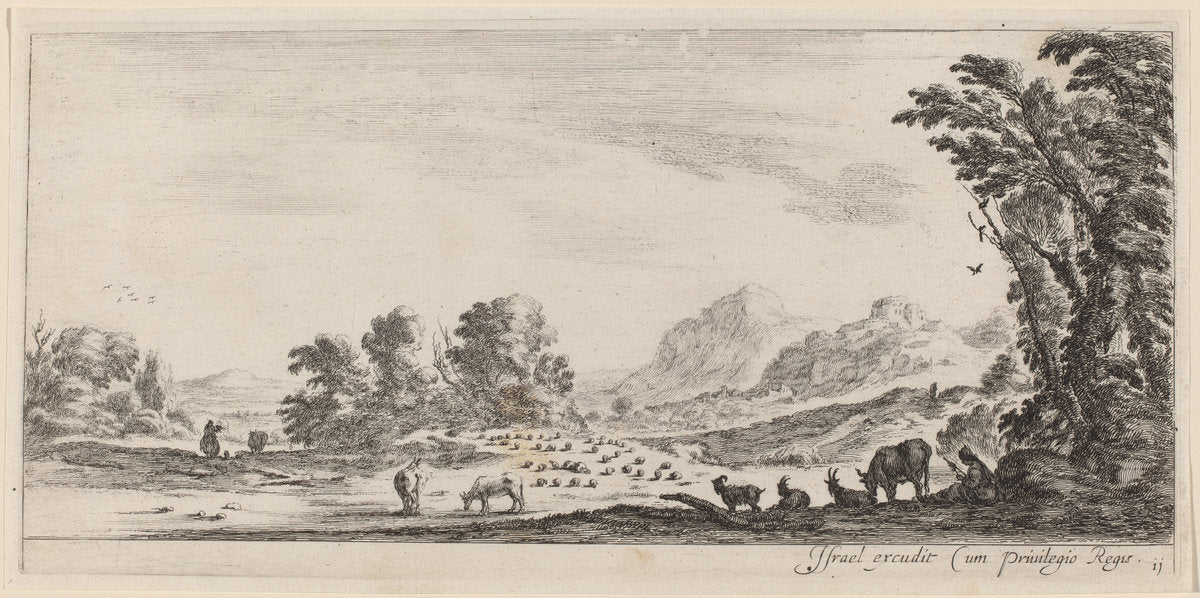 Landscape with Shepherd Guarding his Flock by Stefano Della Bella (Italian, 1610 - 1664), 16X12"(A3)Poster Print