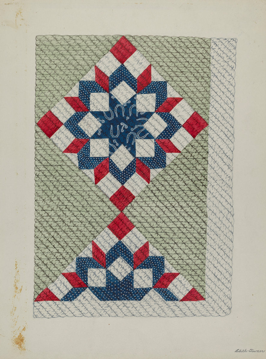 Quilt  - "Double Star" by Edith Towner (American, active c. 1935), 16X12"(A3)Poster Print