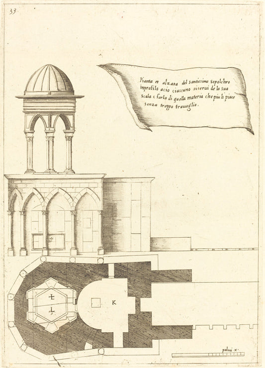 Plan and Elevation of the Church of the Holy Sepulchre by Jacques Callot (French, 1592 - 1635), 16X12"(A3)Poster Print