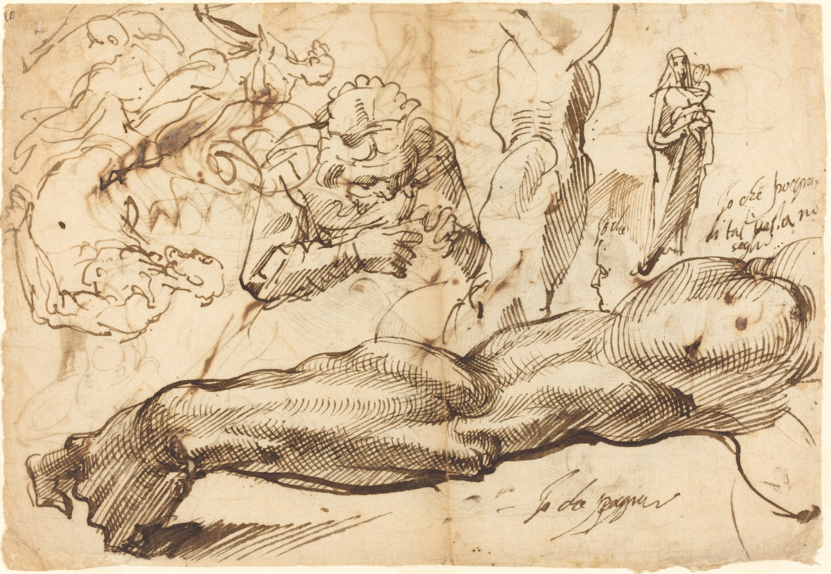 Studies of a Left Arm, a Young Woman, a Madonna and Child, a Face in Profile, and Nude Figures by Bartolomeo Passarotti (Bolognese, 1529 - 1592), 16X12"(A3)Poster Print