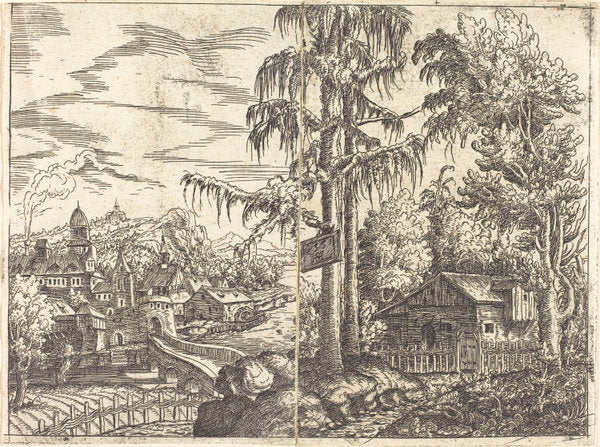 Landscape with View of a Farmer's Cottage and a Town near a River by Hanns Lautensack (German, 1524 - 1561/1566), 16X12"(A3)Poster Print