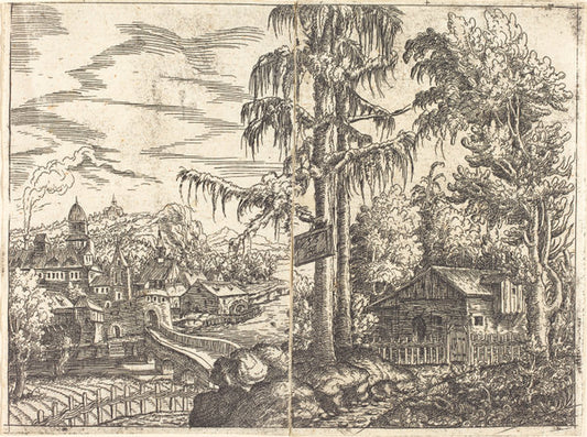 Landscape with View of a Farmer's Cottage and a Town near a River by Hanns Lautensack (German, 1524 - 1561/1566), 16X12"(A3)Poster Print